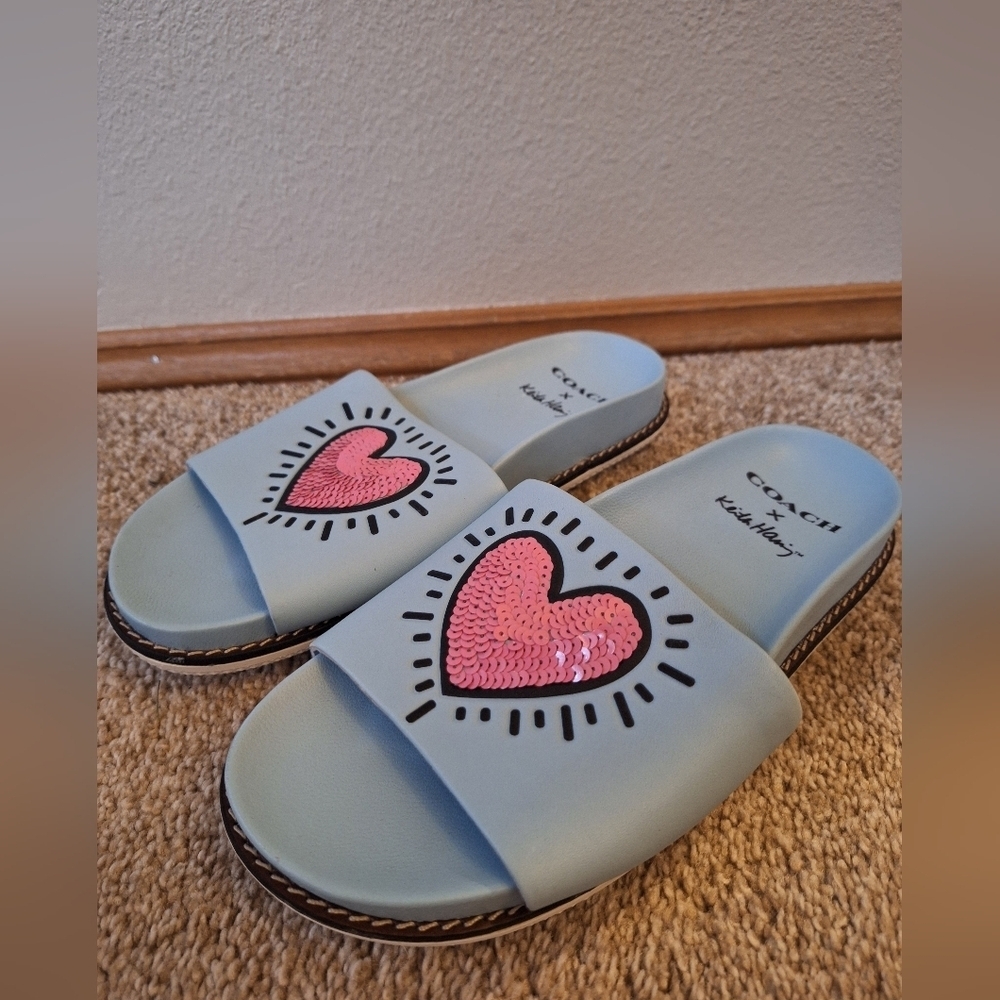 Coach X Keith Haring Collab Sequin Heart Slide Sandals Womens 6B